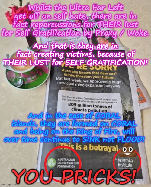 The tragedy of Self Gratification by Proxy is the horrific damage they create because of their need for it. | Whilst the Ultra Far Left get off on self hate, there are in fact repercussions for THEIR lust for Self Gratification by Proxy / Woke. And that is they are in fact creating victims, because of THEIR LUST for SELF GRATIFICATION! Yarra Man; And in the case of CORAL islands, they are formed on CORAL and being on the Ring of Fire, will over time continue to SINK not FLOOD! YOU PRICKS! | image tagged in ultra far left greens teals labor,australia institute abc 9 fairfax smh age,australian conservation foundation,hunter coal | made w/ Imgflip meme maker