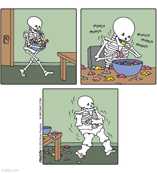 He’s not really fat. He’s just big-boned. | image tagged in comics,buni comics,halloween,skeleton,candy,too much | made w/ Imgflip meme maker