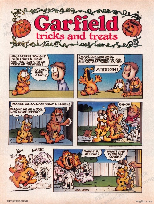 A Garfield Halloween comic from a 1985 issue of Family Circle magazine | image tagged in comics,garfield,family circle magazine,trick or treat,costumes,in trouble | made w/ Imgflip meme maker