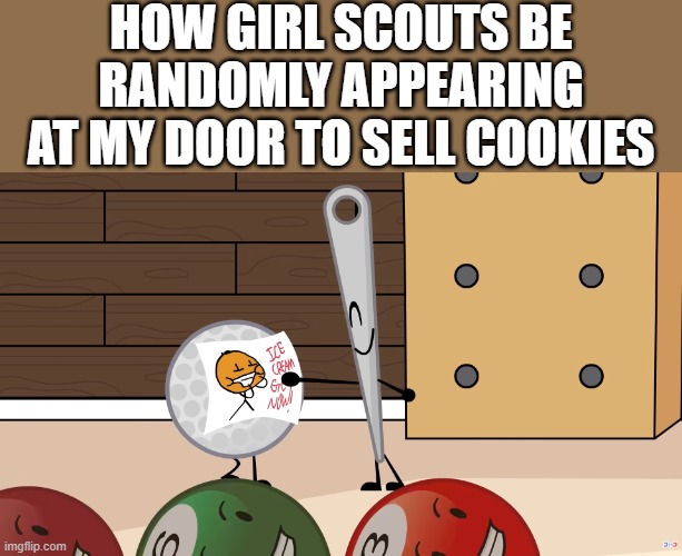 I bet the IRS wishes they had this level of dedication | How girl scouts be randomly appearing at my door to sell cookies | image tagged in bfdi,bfdia | made w/ Imgflip meme maker