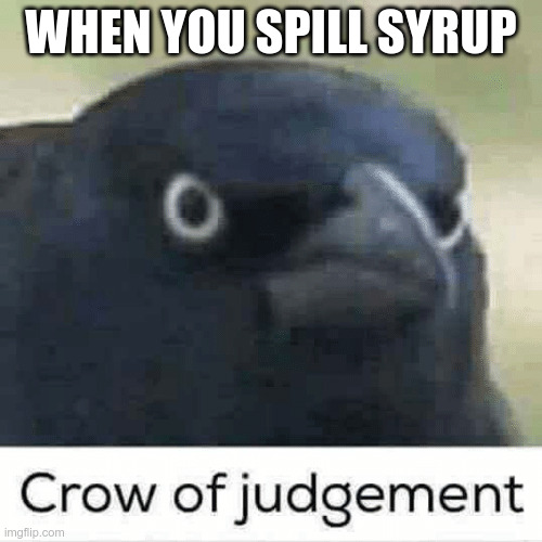 when you spill syrup | when you spill syrup | image tagged in crow of judgement | made w/ Imgflip meme maker