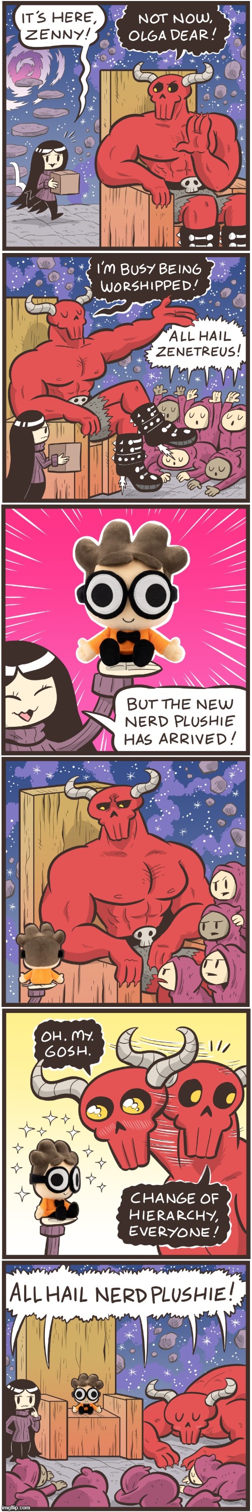 Some more comics advertising the Nerd plushie! | image tagged in olga,devil,simps,nerd,plushie,worship | made w/ Imgflip meme maker