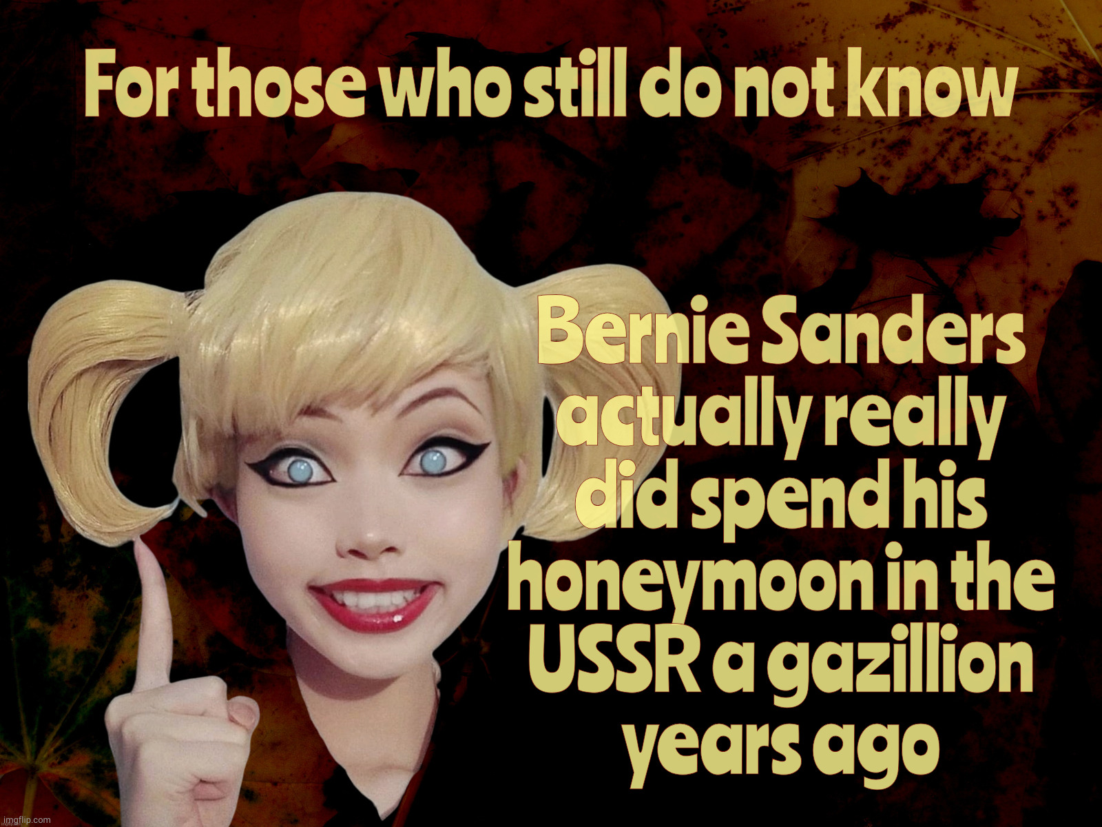 Harley Quinn | For those who still do not know Bernie Sanders
actually really
did spend his
honeymoon in the
USSR a gazillion
years ago | image tagged in harley quinn | made w/ Imgflip meme maker