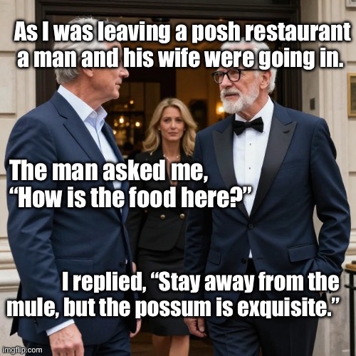 Fancy Restaurant Recommendations | As I was leaving a posh restaurant a man and his wife were going in. The man asked me, “How is the food here?”; I replied, “Stay away from the mule, but the possum is exquisite.” | image tagged in img_0741 jpeg,fancy,restaurant,posh | made w/ Imgflip meme maker