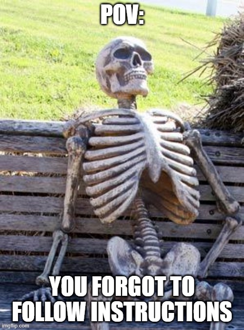Waiting Skeleton Meme | pov:; you forgot to follow instructions | image tagged in memes,waiting skeleton | made w/ Imgflip meme maker