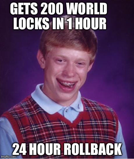 Bad Luck Brian Meme | GETS 200 WORLD LOCKS IN 1 HOUR 24 HOUR ROLLBACK | image tagged in memes,bad luck brian | made w/ Imgflip meme maker