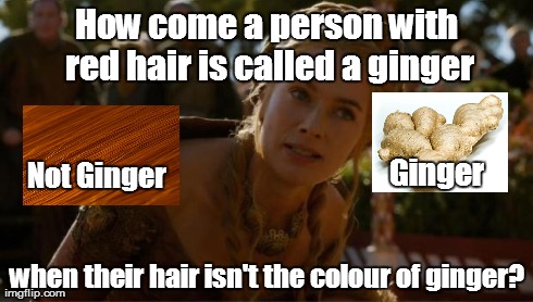 Logical Cersei | How come a person with red hair is called a ginger when their hair isn't the colour of ginger? Not Ginger Ginger | image tagged in logical cersei | made w/ Imgflip meme maker