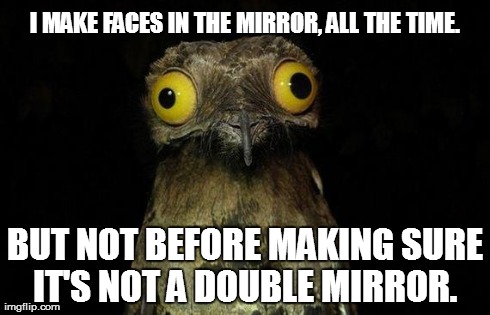 Weird Stuff I Do Potoo Meme | I MAKE FACES IN THE MIRROR, ALL THE TIME.  BUT NOT BEFORE MAKING SURE IT'S NOT A DOUBLE MIRROR. | image tagged in memes,weird stuff i do potoo,AdviceAnimals | made w/ Imgflip meme maker