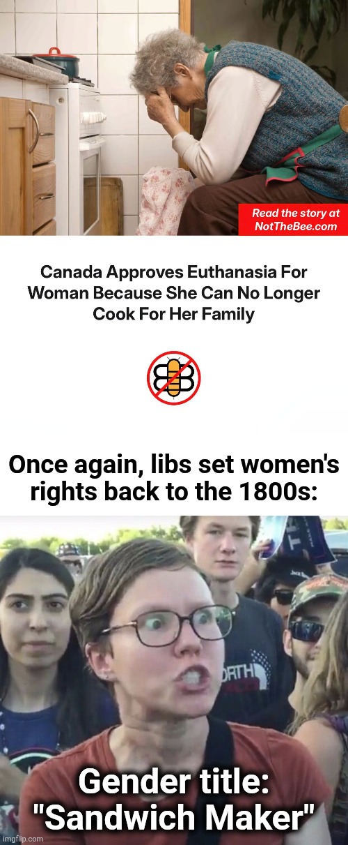 Once again, libs set women's
rights back to the 1800s:; Gender title: "Sandwich Maker" | image tagged in triggered feminist,canada,maid,women's rights,cook,memes | made w/ Imgflip meme maker