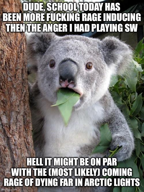 I'm sorry for ranting. Todays just been such an off day | Dude, school today has been more fucking rage inducing then the anger I had playing sw; Hell it might be on par with the (most likely) coming rage of dying far in Arctic lights | image tagged in memes,surprised koala,gd,rage | made w/ Imgflip meme maker