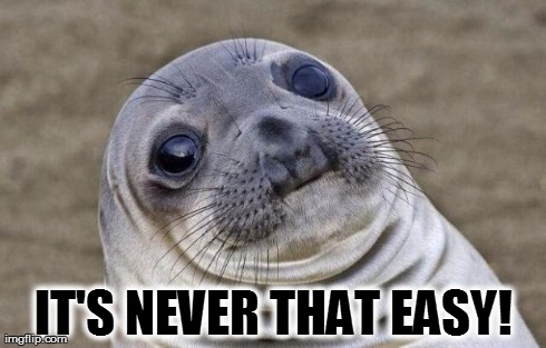 IT'S NEVER THAT EASY! | image tagged in memes,awkward moment sealion | made w/ Imgflip meme maker