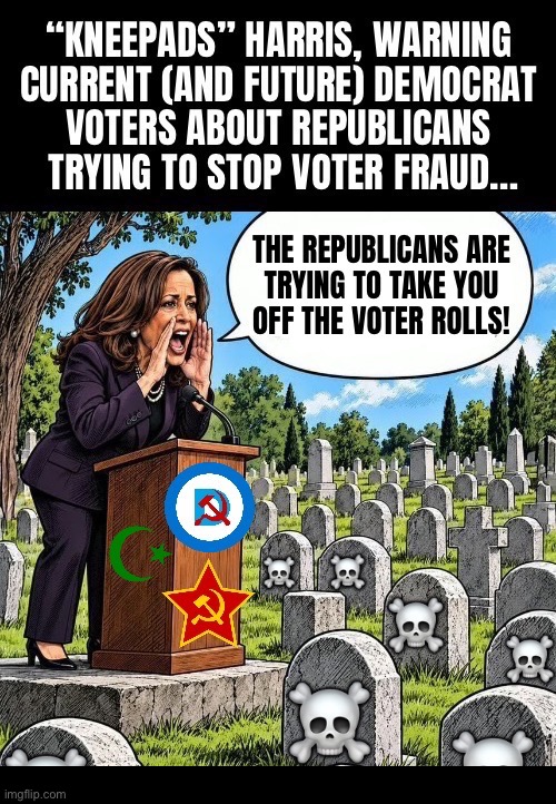 Democrats are dead set against fraud-free elections for the entire country | ☠️; ☠️; ☠️ | image tagged in political meme,kamala harris,cemetery,dead voters,republicans,warning | made w/ Imgflip meme maker