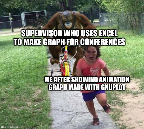 technical data with gnuplot | Supervisor who uses excel to make graph for conferences; me after showing animation graph made with gnuplot | image tagged in run,linux,windows | made w/ Imgflip meme maker