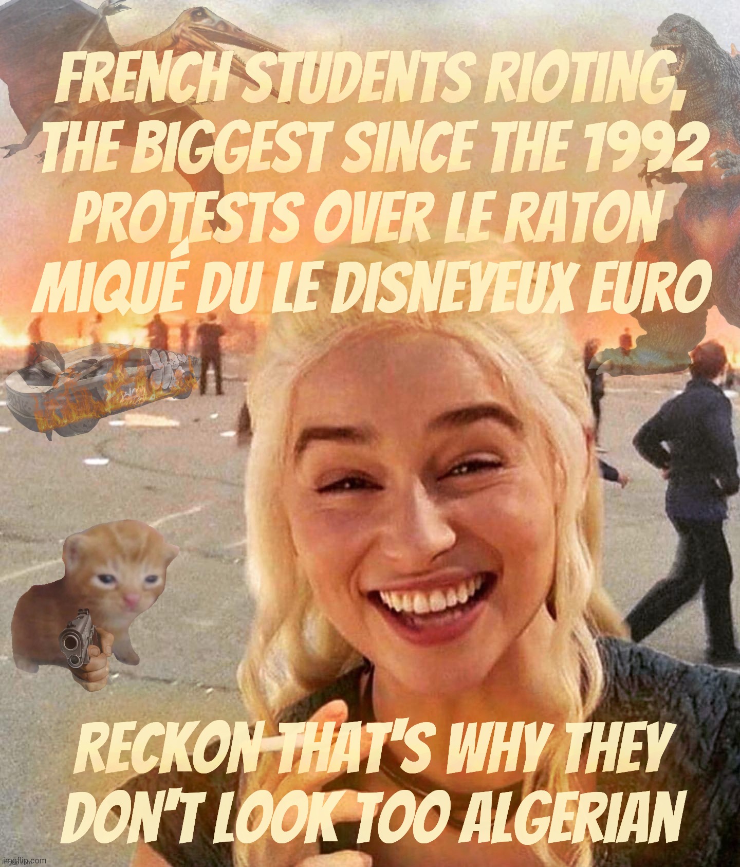 Disaster Smoker Gal kitchen sink edition | French students rioting,
the biggest since the 1992
protests over le Raton 
Miqué du le Disneyeux Euro Reckon that's why they don't look too | image tagged in disaster smoker gal kitchen sink edition | made w/ Imgflip meme maker