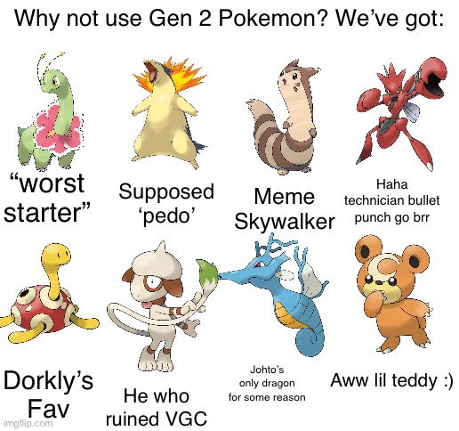gens 3-9 coming next | Why not use Gen 2 Pokemon? We’ve got:; “worst starter”; Haha technician bullet punch go brr; Supposed ‘pedo’; Meme Skywalker; Johto’s only dragon for some reason; Dorkly’s Fav; Aww lil teddy :); He who ruined VGC | image tagged in why not | made w/ Imgflip meme maker
