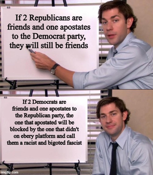 Jim Halpert Explains | If 2 Republicans are friends and one apostates to the Democrat party, they will still be friends; If 2 Democrats are friends and one apostates to the Republican party, the one that apostated will be blocked by the one that didn't on ebery platform and call them a racist and bigoted fascist | image tagged in jim halpert explains | made w/ Imgflip meme maker