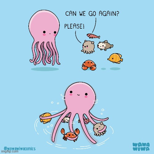 One of my favorite Wawawiwa comics! | image tagged in octopus,fish,crab,ride,tentacles,aww | made w/ Imgflip meme maker