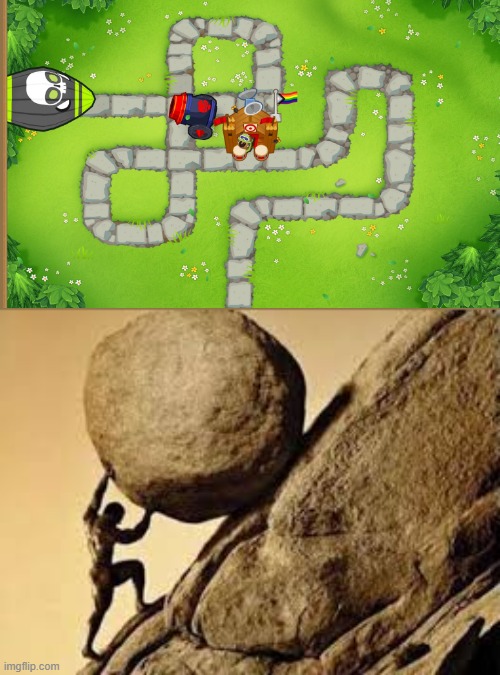 one must imgen bomm shoter hapy | image tagged in sisyphus | made w/ Imgflip meme maker
