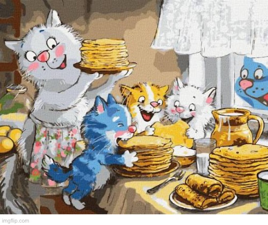 Breakfast time! | image tagged in cats,artwork,irina zenyuk,blue cats,breakfast,pancakes | made w/ Imgflip meme maker