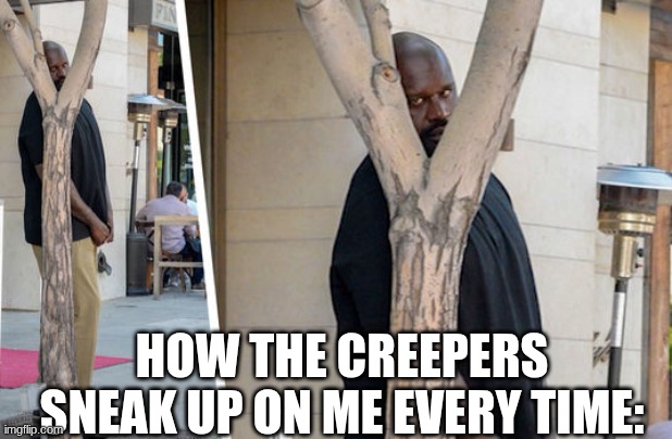 Shaq hiding | how the creepers sneak up on me every time: | image tagged in shaq hiding | made w/ Imgflip meme maker