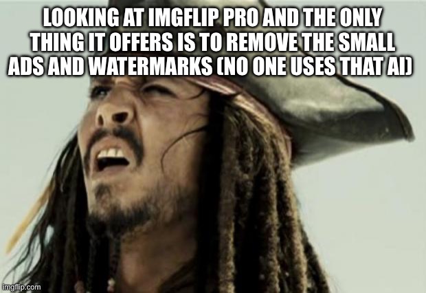 Title to the power of Ryth | Looking at Imgflip pro and the only thing it offers is to remove the small ads and watermarks (no one uses that ai) | image tagged in confused dafuq jack sparrow what | made w/ Imgflip meme maker