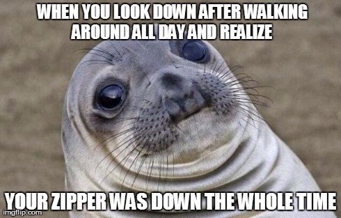 Awkward Moment Sealion Meme | WHEN YOU LOOK DOWN AFTER WALKING AROUND ALL DAY AND REALIZE  YOUR ZIPPER WAS DOWN THE WHOLE TIME | image tagged in memes,awkward moment sealion | made w/ Imgflip meme maker