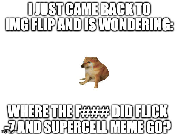 Me sad... | I just came back to IMG flip and is wondering:; Where the F### did flick -7 and supercell meme go? | image tagged in flick7,supercell-meme,sad,the good old days | made w/ Imgflip meme maker