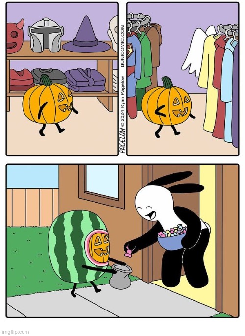 Buni Comics | image tagged in comics,buni comics,jack o lantern,costume,watermelon,trick or treat | made w/ Imgflip meme maker