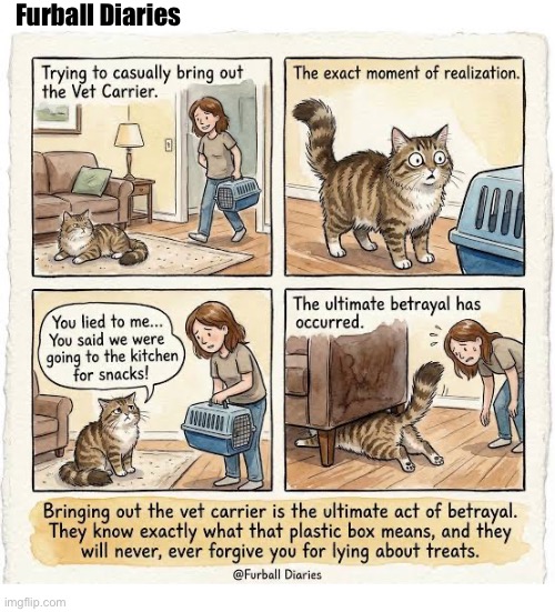 The Betrayal | Furball Diaries | image tagged in cats,comics,furball diaries,the betrayal,pet carrier,hiding | made w/ Imgflip meme maker