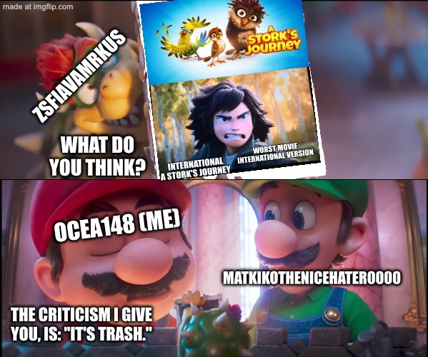 Mario calls ZsfiavaMrkus’ "artwork" trash for hating a storks Journey for no reason.exe | ZsfiavaMrkus; What do you think? ocea148 (Me); MatkikoTheNiceHater0000; The criticism I give you, is: "It's TRASH." | image tagged in what do you think it's trash,deviantart,zsfiavamrkus sucks,manchildren,alright i get it,memes | made w/ Imgflip meme maker