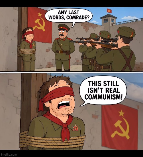Real or not real, it doesn’t make a difference. Communism is still an anti-God and anti-human scourge on all of mankind | image tagged in anti communists,cartoon,firing squad,stalin,not real communism,evil doctrine | made w/ Imgflip meme maker