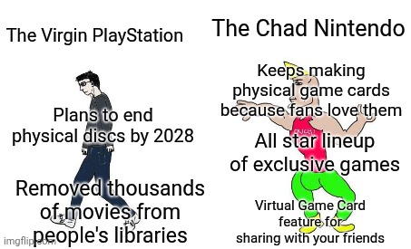 The winner is clear! | The Chad Nintendo; The Virgin PlayStation; Keeps making physical game cards because fans love them; Plans to end physical discs by 2028; All star lineup of exclusive games; Removed thousands of movies from people's libraries; Virtual Game Card feature for sharing with your friends | image tagged in virgin vs chad | made w/ Imgflip meme maker