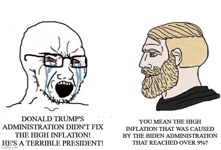 Democrats are furious Donald Trump hasn't fixed their high inflation. | You mean the high inflation that was caused by the Biden administration that reached over 9%? Donald Trump's administration didn't fix the high inflation! He's a terrible president! | image tagged in soyboy vs yes chad,inflation,joe biden,donald trump,democrats,republicans | made w/ Imgflip meme maker