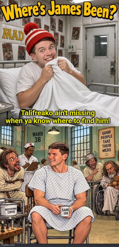 Talifreako ain't missing when ya know where to find him | Talifreako ain't missing when ya know where to find him! | image tagged in img 50 jpeg,talifreako,loonie bin jim | made w/ Imgflip meme maker