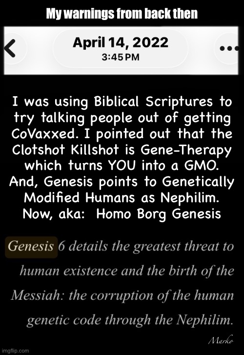 They didn’t care 4 years ago.  I wonder if they care now.  (are they still alive?) | My warnings from back then; I was using Biblical Scriptures to
try talking people out of getting
CoVaxxed. I pointed out that the
Clotshot Killshot is Gene-Therapy
which turns YOU into a GMO.
And, Genesis points to Genetically
Modified Humans as Nephilim.
Now, aka:  Homo Borg Genesis; Marko | image tagged in memes,get shot with gene therapy,you become a gmo,last time gmo were nephilim,now called homo borg genesis | made w/ Imgflip meme maker