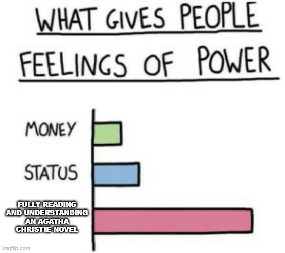 the feeling of accomplishment... | fully reading and understanding an agatha christie novel | image tagged in what gives people feelings of power,novel,funny,seriously,reading | made w/ Imgflip meme maker