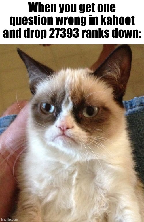 Grumpy Cat Meme | When you get one question wrong in kahoot and drop 27393 ranks down: | image tagged in memes,grumpy cat | made w/ Imgflip meme maker