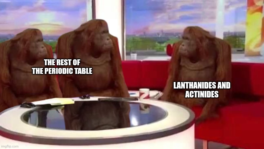 Get it because they're separated from the rest of the table | The rest of the periodic table; Lanthanides and
Actinides | image tagged in where monkey | made w/ Imgflip meme maker