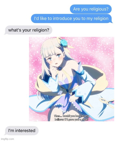 Imagine if that's how Makoto would recruit believers for Noah | image tagged in i'd like to introduce you to my religion,memes,light novel,manga,anime | made w/ Imgflip meme maker
