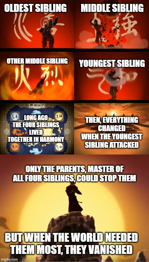Siblings be like... | Middle sibling; Oldest Sibling; Other middle sibling; Youngest sibling; Long ago the four siblings lived together in harmony; Then, everything changed when the youngest sibling attacked; Only the parents, master of all four siblings, could stop them; But when the world needed them most, they vanished | image tagged in avatar opening meme,avatar the last airbender,family | made w/ Imgflip meme maker