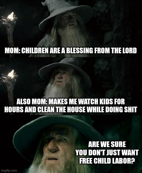 Confused Gandalf Meme | Mom: children are a blessing from the lord; Also Mom: makes me watch kids for hours and clean the house while doing shit; are we sure you don't just want free child labor? | image tagged in memes,confused gandalf,remix | made w/ Imgflip meme maker