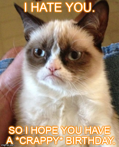 Grumpy Cat | I HATE YOU. SO I HOPE YOU HAVE A *CRAPPY* BIRTHDAY. | image tagged in memes,birthday | made w/ Imgflip meme maker