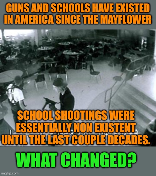 Guns are not the problem | Guns and schools have existed in America since the Mayflower; School shootings were essentially non existent until the last couple decades. What changed? | image tagged in school shooter,murderers gonna murder,the children have changed | made w/ Imgflip meme maker