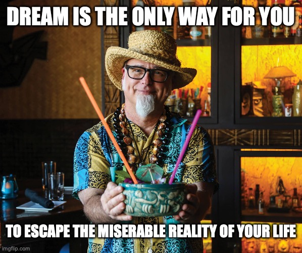 Until then, there's tiki drinks! | Dream is the only way for you; to escape the miserable reality of your life | image tagged in beachbum bartender,cocktail,i have a dream,living the dream,life hack | made w/ Imgflip meme maker