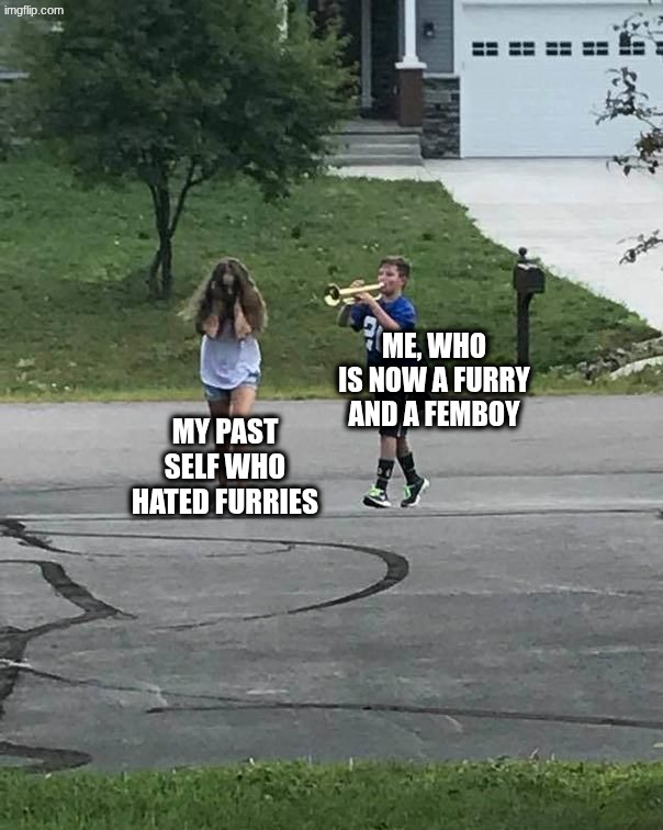 my past self would hate the floof I became, but being cute can fix anything >:3 | me, who is now a furry and a femboy; my past self who hated furries | image tagged in trumpet boy | made w/ Imgflip meme maker