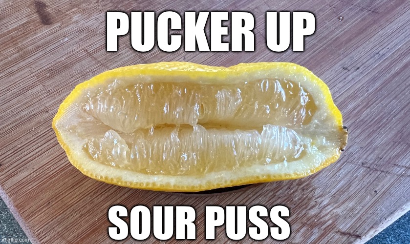Lemon Lips Pucker Up Sour Puss by Jedi Hemp | Pucker Up; Sour Puss | image tagged in img_5135 jpeg | made w/ Imgflip meme maker