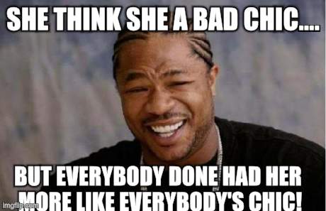 Yo Dawg Heard You | SHE THINK SHE A BAD CHIC.... BUT EVERYBODY DONE HAD HER MORE LIKE EVERYBODY'S CHIC! | image tagged in memes,yo dawg heard you | made w/ Imgflip meme maker