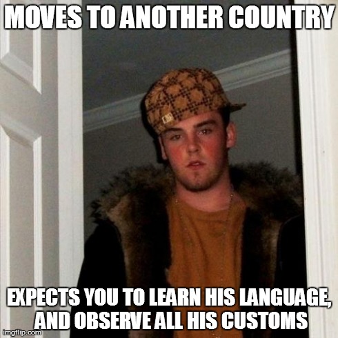 Scumbag Steve Meme | MOVES TO ANOTHER COUNTRY EXPECTS YOU TO LEARN HIS LANGUAGE, AND OBSERVE ALL HIS CUSTOMS | image tagged in memes,scumbag steve | made w/ Imgflip meme maker