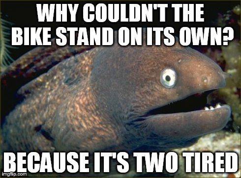 Bad Joke Eel Meme | WHY COULDN'T THE BIKE STAND ON ITS OWN? BECAUSE IT'S TWO TIRED | image tagged in memes,bad joke eel | made w/ Imgflip meme maker
