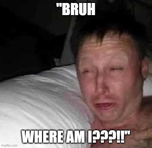 Sleepy guy | "Bruh; Where am I???!!" | image tagged in sleepy guy,meme,memes,lol,shitpost,where am i | made w/ Imgflip meme maker